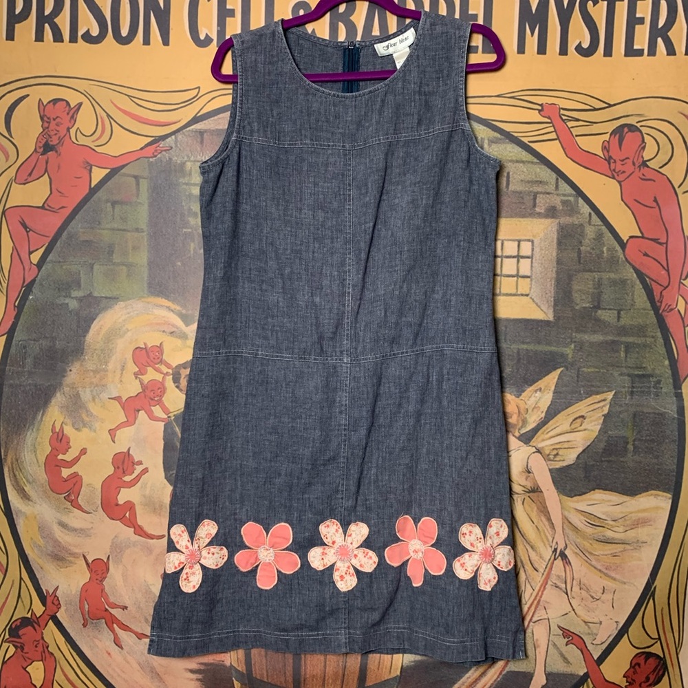 Blue Linen Dress with Pink Floral Patchwork Accents Fleur bleue